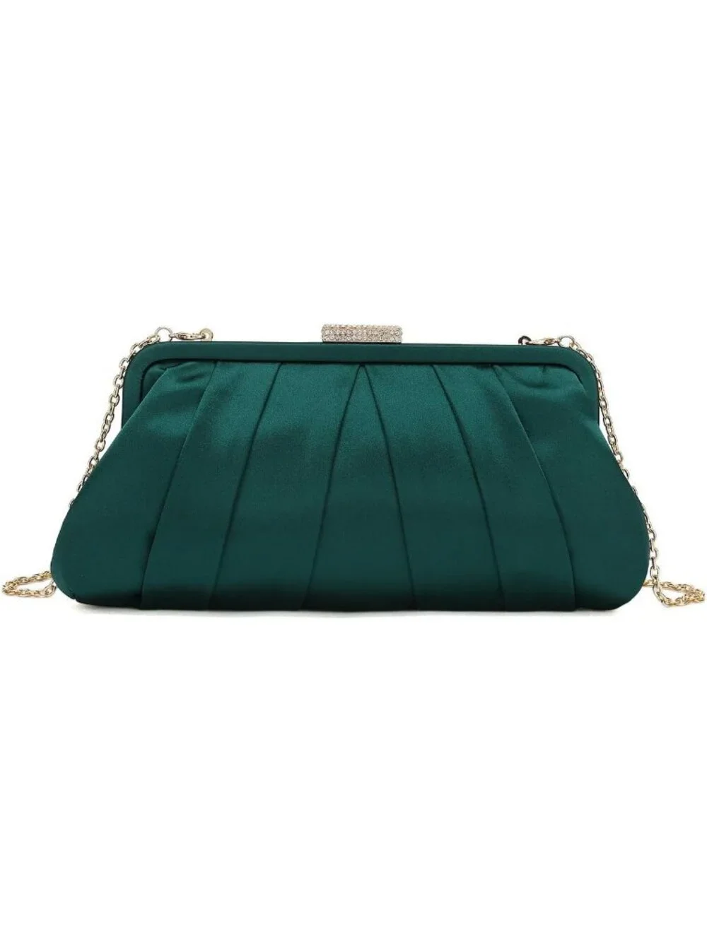 Women's Green Classic Pleated Satin Clutch Purse Diamante Formal Evening Bag